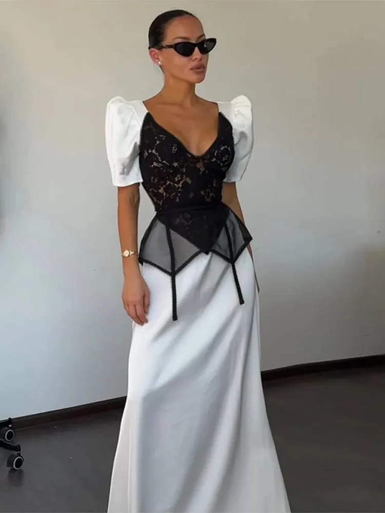 Lace Spliced Satin Midi Dress Waist Cinched Peplum V-Neck Puff Sleeve 2026 Summer Elegant Women Gown Causal Fashion Lady Vestido