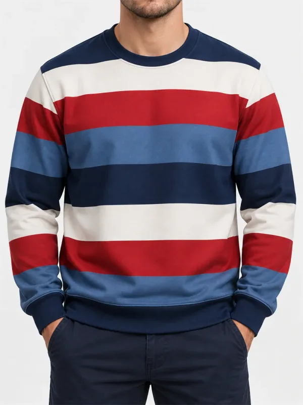 Moletom masculino listrado vintage, gola redonda, casual, manga comprida, pulôver, bloco de cores, outono, moda diária, top clássico