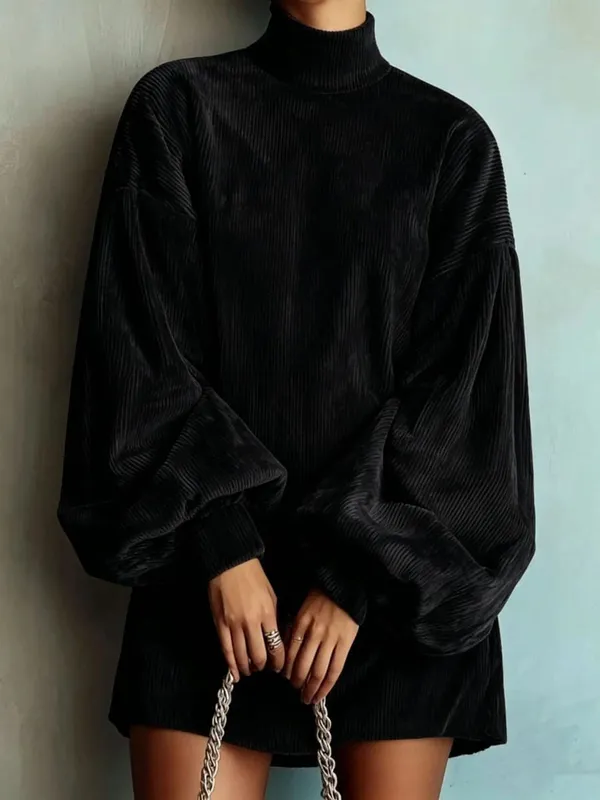 Women Corduroy Turtleneck Mini Dress Oversized Elegant Loose Lantern Sleeve Casual Dresses Autumn Winter Streetwear Short Dress