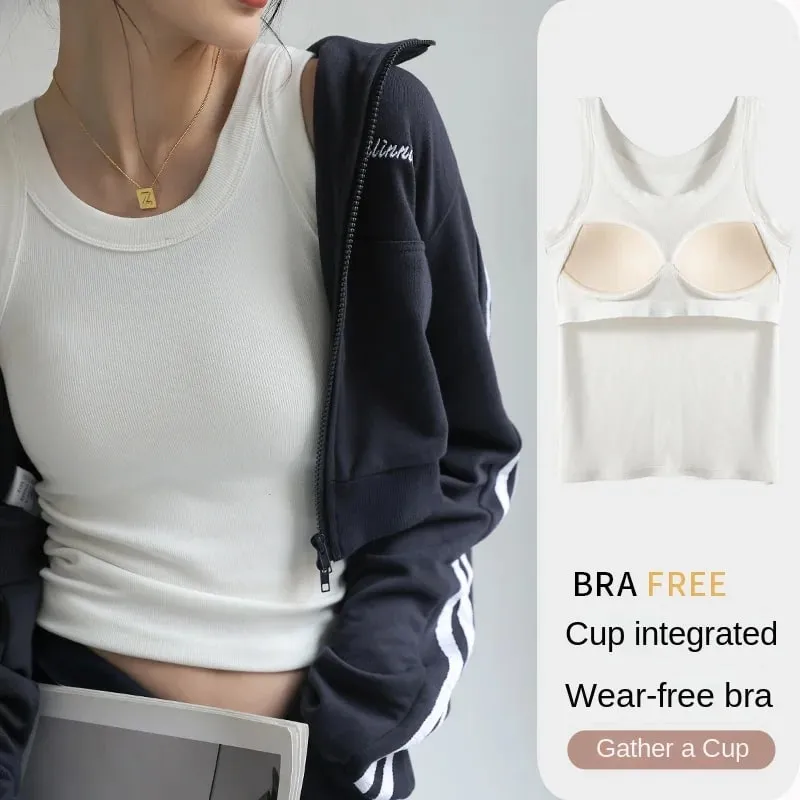 New Women Solid Round Neck Ribbed Tank Top Camisole Women Summer Basic Elastic TankTop One-piece Vest with Chest Pad Y2k