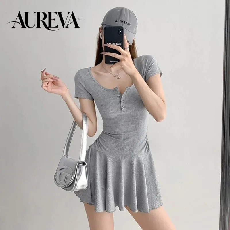 Women's Sexy Gray U-Neck Button Short Sleeve Dress Waist Cinched Sporty A-Line Mini Skirt Flare Age-Reducing Stylish Dress