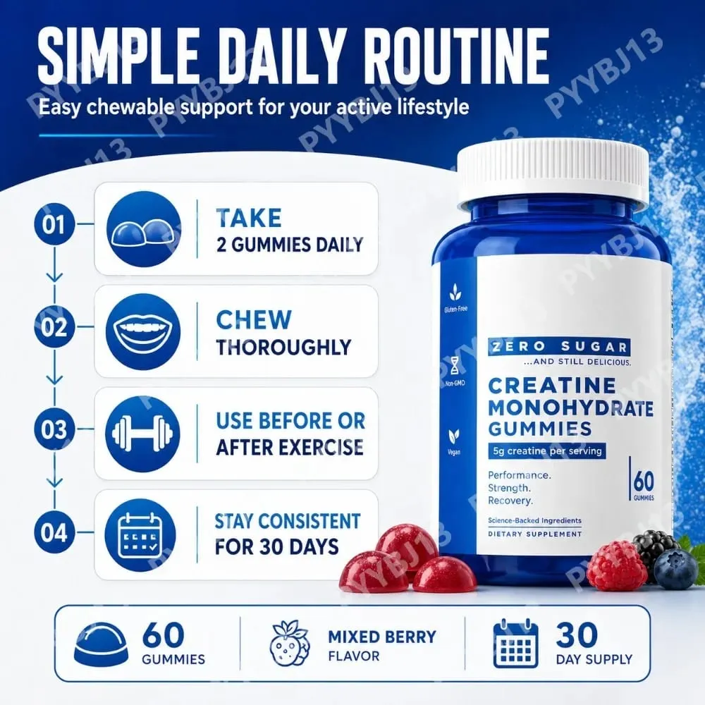 Zero Sugar Creatine Monohydrate Gummies 5g Per Serving – Mixed Berry Flavor – Vegan Pectin – 60 Count Dietary Supplement unisex