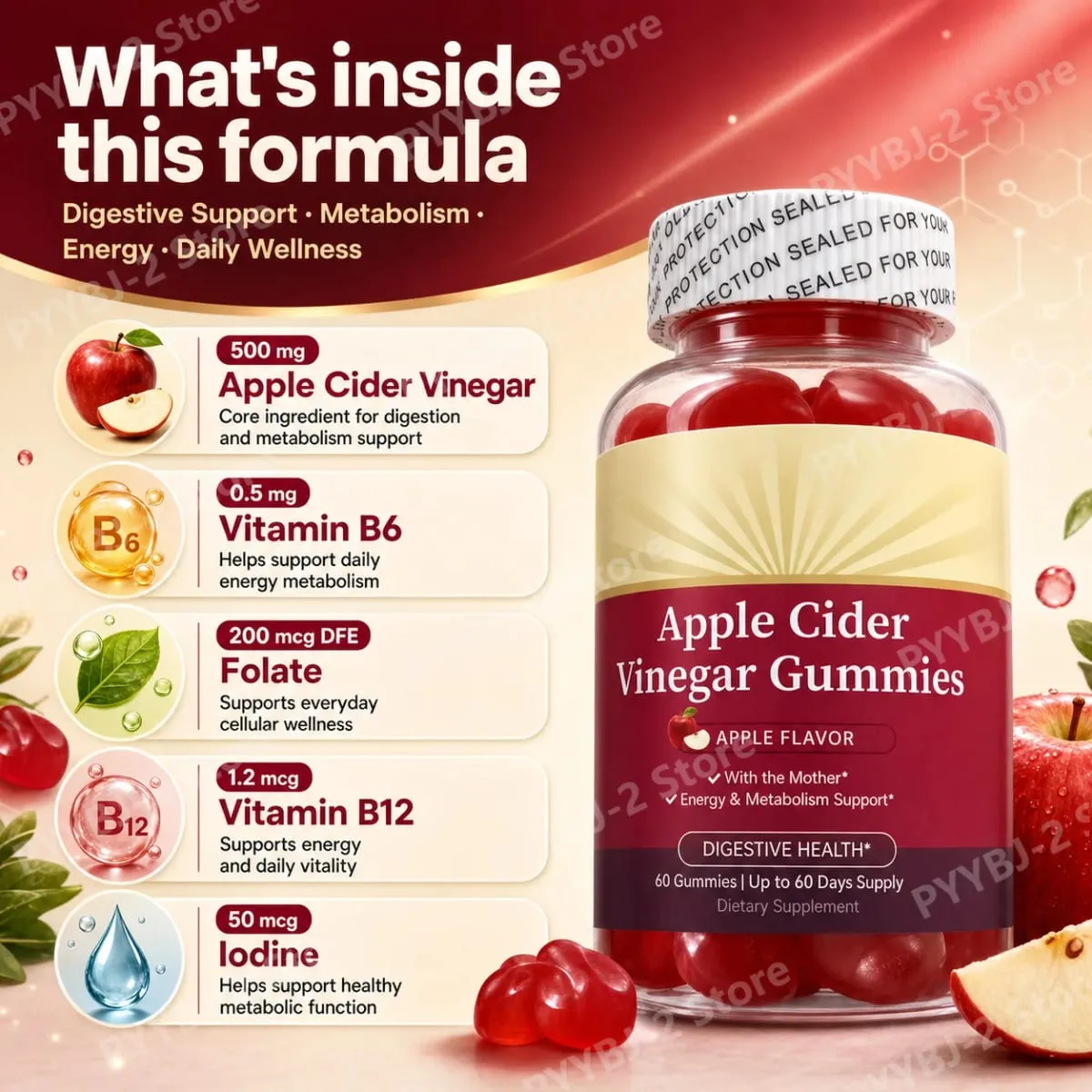 Apple Cider Vinegar Gummies with Vitamin B6 B12 & Folate Metabolism & Energy Gut Health Support 60 Gummies — image 4
