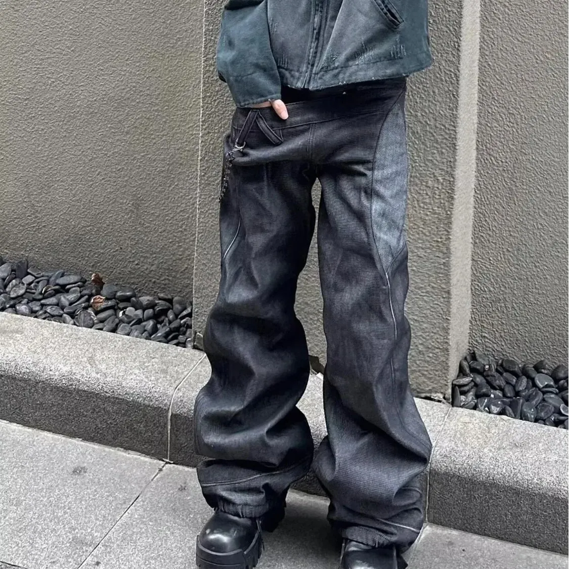 Men's 2025 Fall Trendy Streetwear Black Gray Straight Leg Denim Jeans American Vintage Flared Zippered Floor-Length Pants
