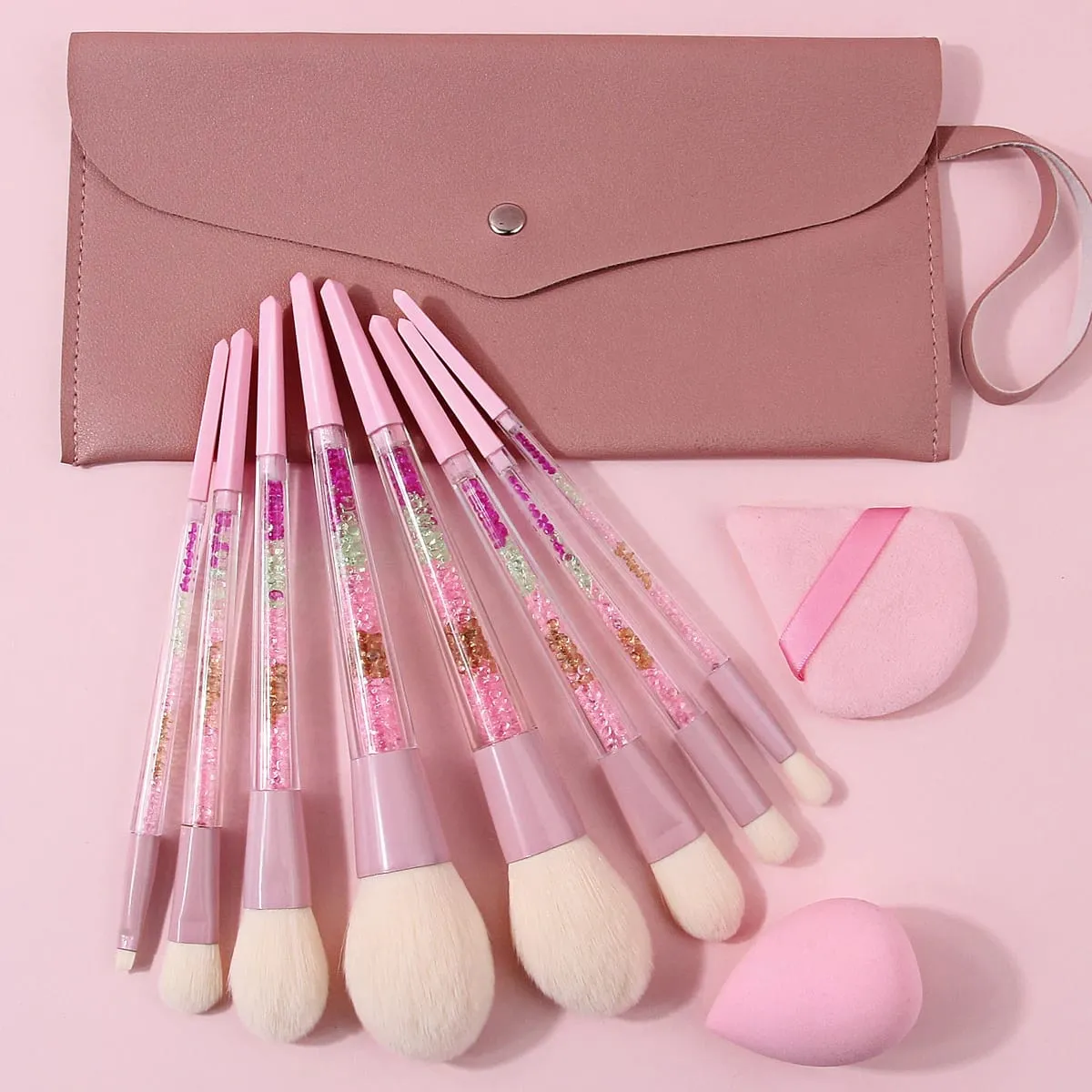 11PCS Pink Glitter Makeup Brush Set with Bag Crystal Handle Brushes Makeup Sponge Powder Puff Storage Bag Soft Hair Full Face — image 3