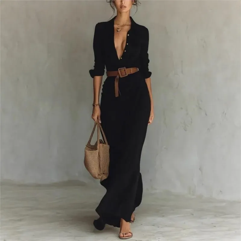Women's Fashion Solid Holiday Party Dress Elegant Lapel Button Draped Long Dress Casual Long Sleeve Match With Belt Shirt Dress — image 2