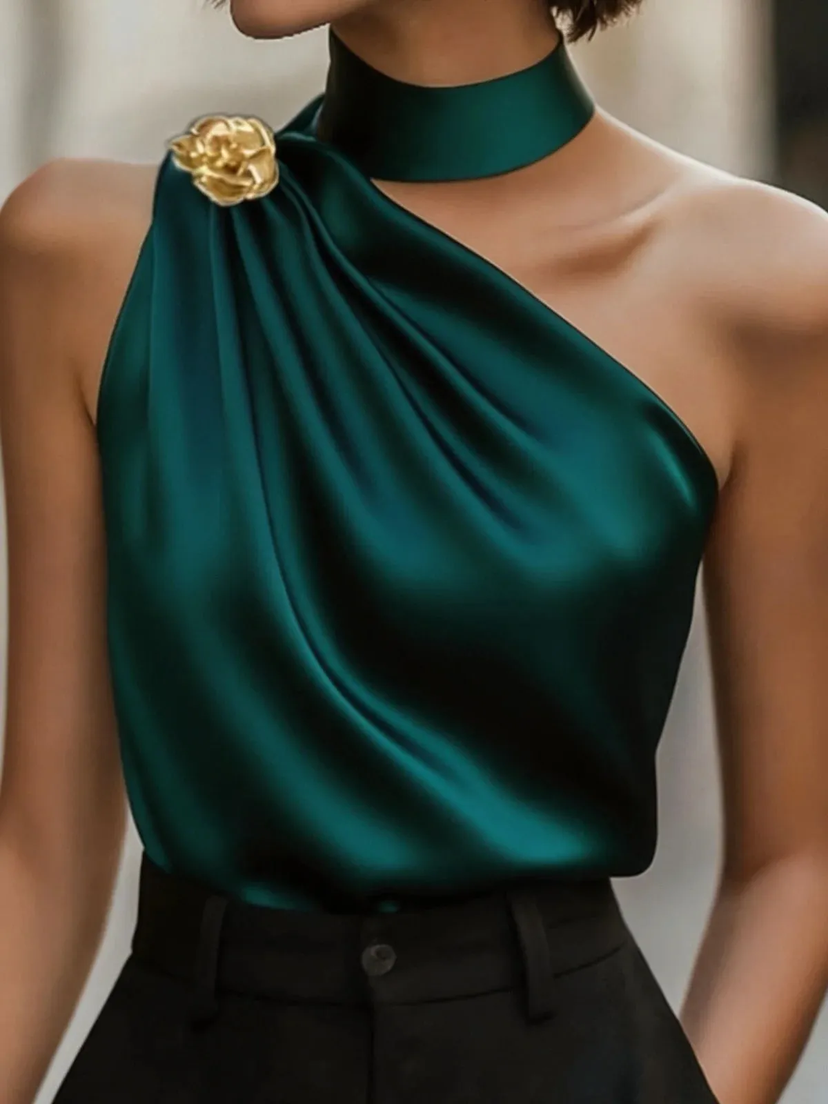 Chic Halter One Shoulder Satin Draped Dark Green Blouse Sleeveless Top For Party & Office Women