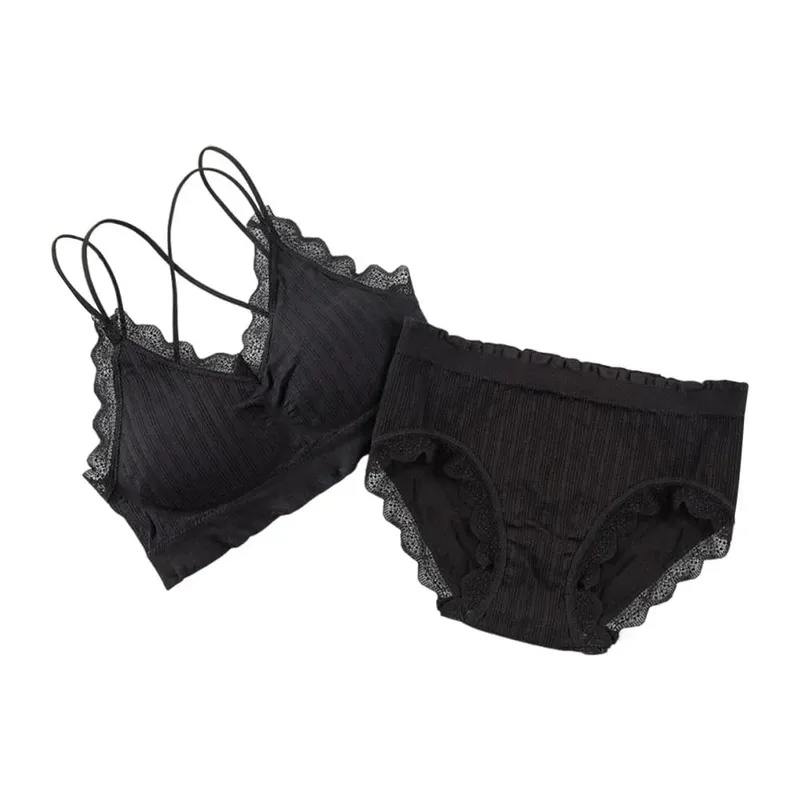 1Set Casual Lace Women Seamless Bra Set with Bra Pads V-Neck Lingerie Set Breathable Comfortable Sport Brassiere