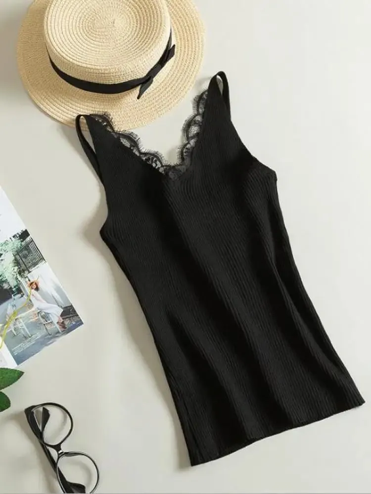 2026 Summer Casual Tops Solid Stitching V-neck Camis Women Hook Flower Lace Tank Female Knitted Short Slim Sleeveless Shirt