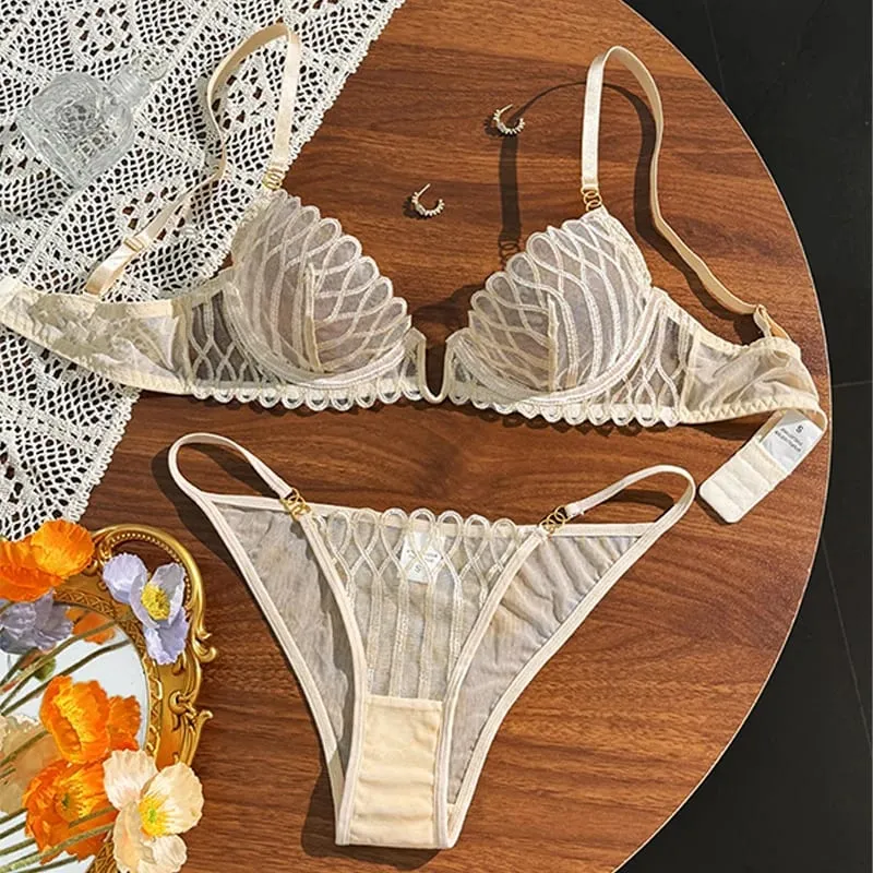New Lace Transparent Lingerie Set Sexy Hot V Neck Anti Sagging Breathable Bra Panty Ensemble Fashion Daily Women Clothes Supply — image 5