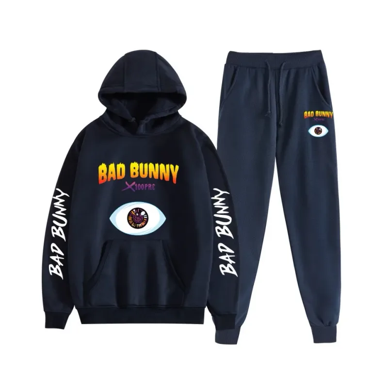 Harajuku Comfortable bad bunny Print Sweatshirt Sweatpants Suit Women's Hoodies+ Trousers Suit Boys/Girls 2 Piece Set Clothes