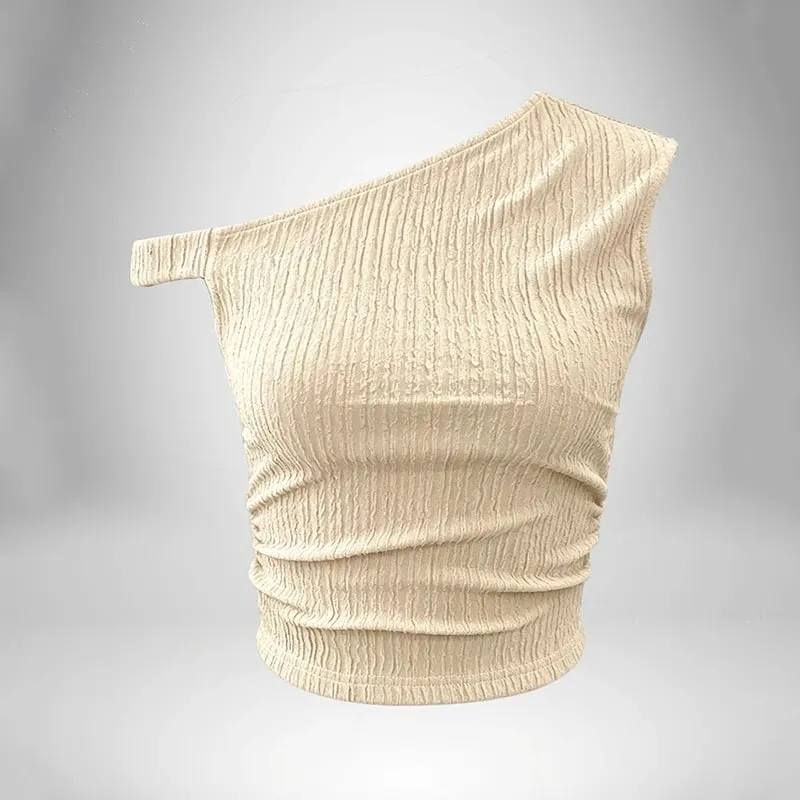 Y2K Minimalist Basic Casual Summer Women‘s Asymmetric Tank Top Sleeveless Solid Color Off Shoulder Side Ruched Crop Tops
