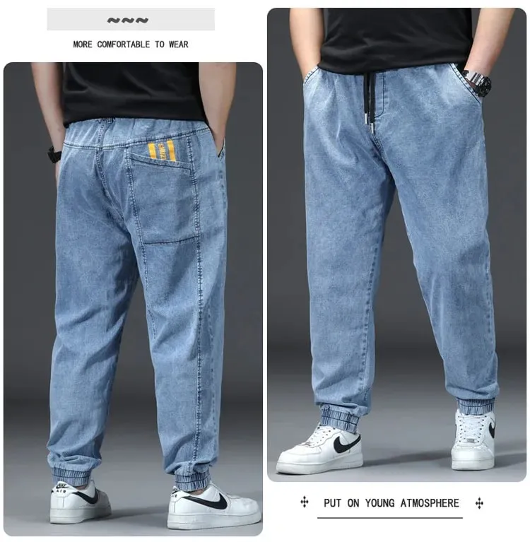Men's Elastic Waist Loose Straight Jogger Jeans Plus Size Cuffed Ankle Denim Pants pantalones hombre Casual Trousers