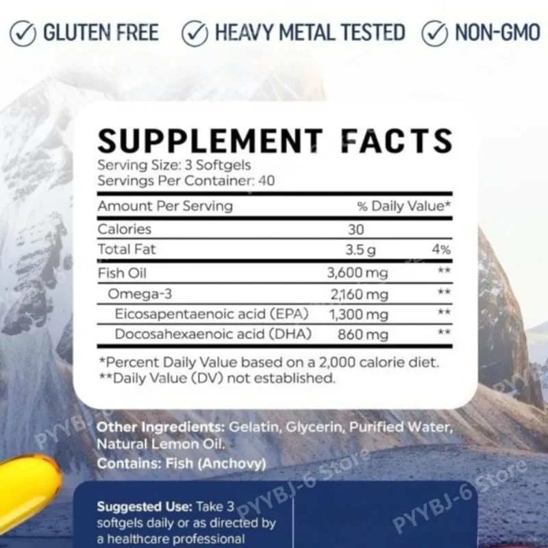 Omega-3 Fish Oil 3600mg EPA DHA 120 Softgels Non-GMO Dietary Supplement Supports Heart Brain Eye Joint Health Immune System