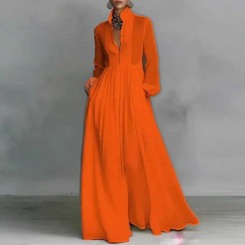Francouzské elegantní swingové dlouhé šaty s vysokým pasem žena jarní plné kapsy plisované maxi šaty podzimní večerní šaty s dlouhým rukávem — image 6