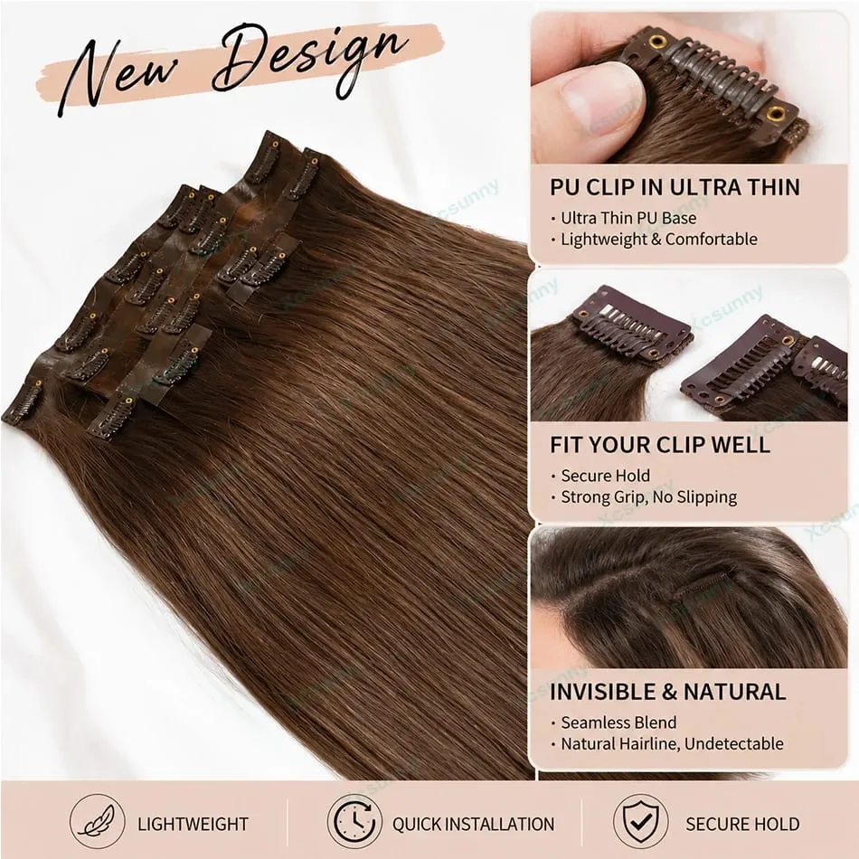 PU Clip Ins Human Hair Extensions Chocolate Brown Color 4 Skin Weft Silky Straight Clip In Hair For Women 240g A Full Head