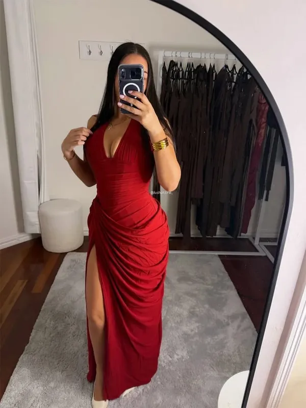 Sexy Solid Pleated Halter Women's Dress Fashion Sleeveless Backless Waist-cinching Split Maxi Dresses 2026 Summer Party Gowns — image 13
