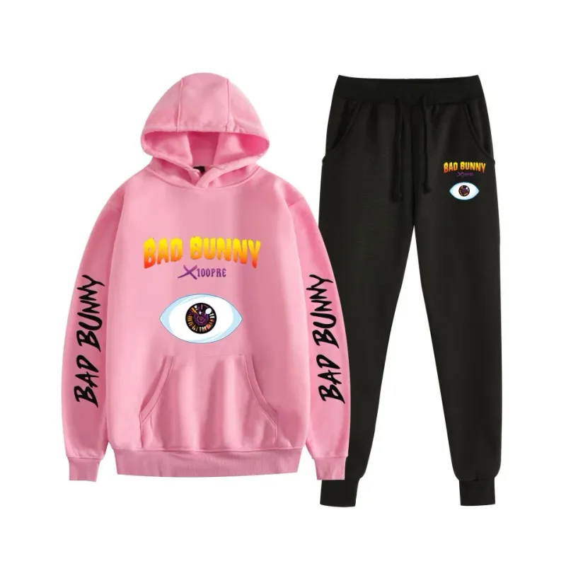 Harajuku Comfortable bad bunny Print Sweatshirt Sweatpants Suit Women's Hoodies+ Trousers Suit Boys/Girls 2 Piece Set Clothes