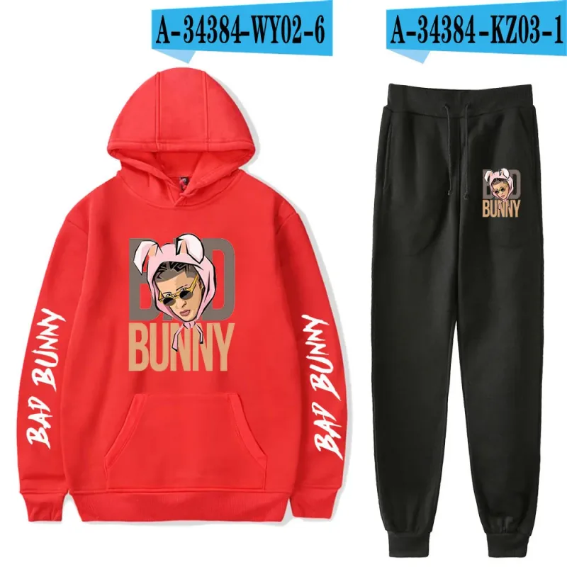 Harajuku Comfortable Funny bad bunny Print Sweatshirt Sweatpants Suit Men/Women Hoodies+ Trousers Suit Cute 2 Piece Set Clothes