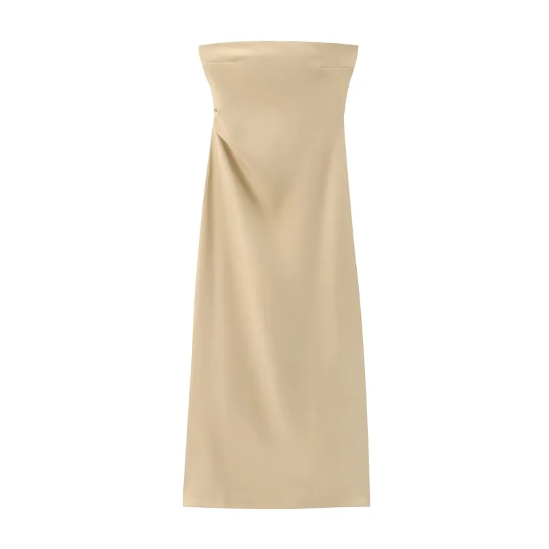 Women Fashion Summer New Sexy Split Back Zip Pleated Sleeveless Strapless Dress Chic Female French Elegant Evening