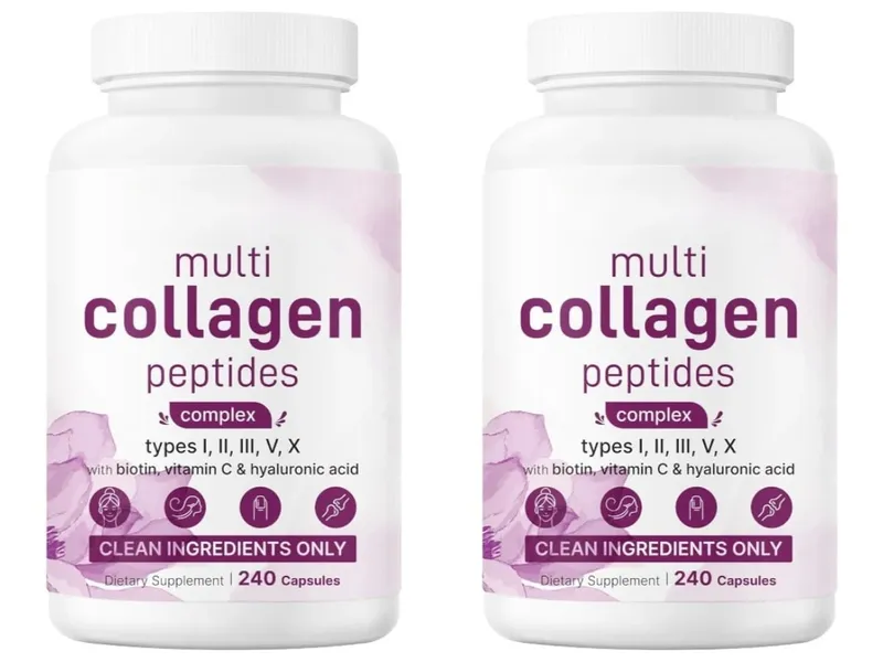 Cápsulas de múltiplos peptídeos de colágeno com biotina, vitamina C e ácido hialurônico contém ovos e peixe 240 cápsulas