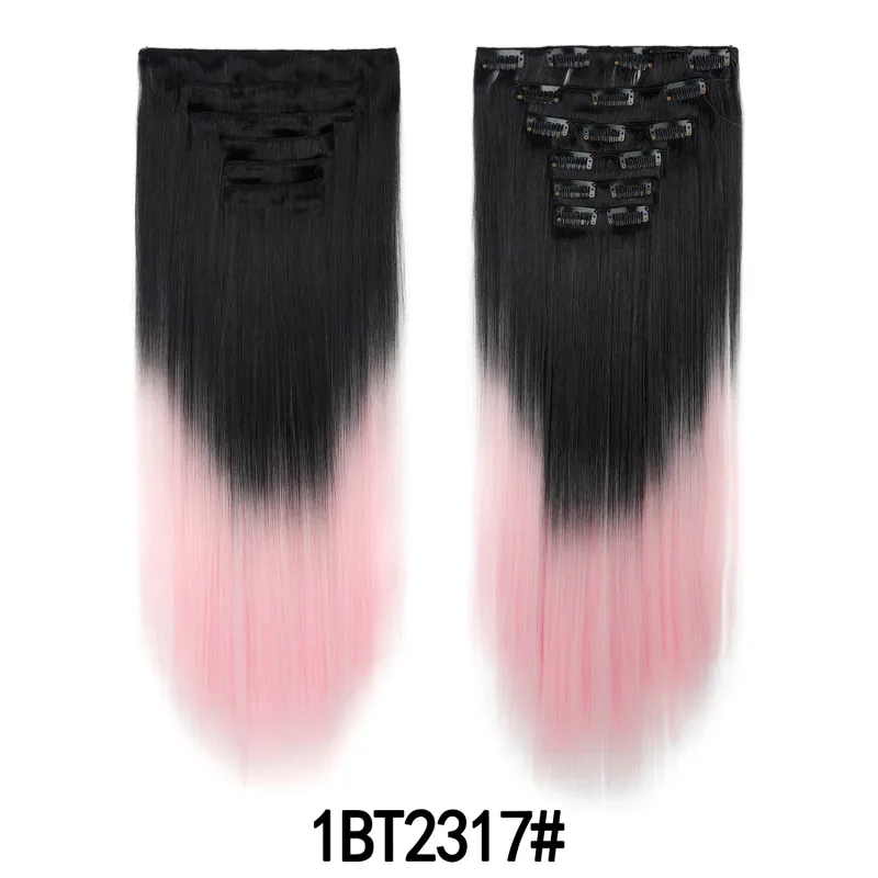 6Pcs 24 inch Ombre Color Clip-in Hair Extensions Long Synthetic Straight Hairpieces Layered Soft Invisible Clip Ins Extensions
