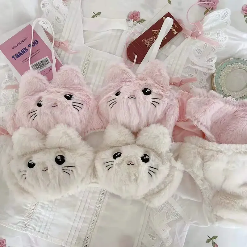 Japanse Kawaii Pluche Vrouwen Bh Set Schattig Meisje Kat Comfortabele Bh Set Cartoon Ondergoed Mooie Zachte Student Lingerie