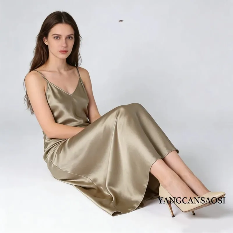 2026 Women's Fashion New 21MM 100% Natural Mulberry Silk Plain Satin Extended French Sexy Adjustable Shoulder Strap Solid Dress