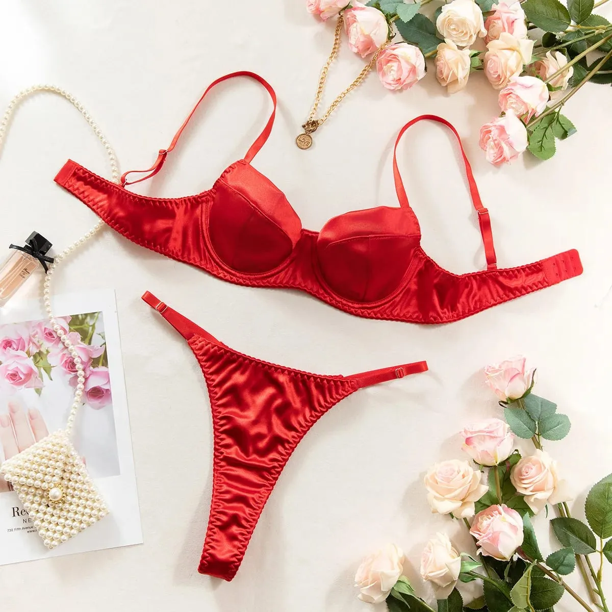 Push Up Underwire Satin 2 Pcs Sexy Bra Set Women Underwear Patchwork Bras and Thongs Suits Attractive Bilizna Intimate Set — image 1