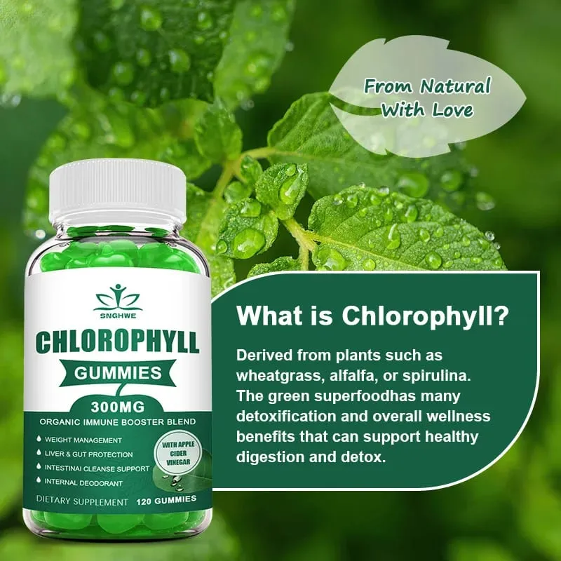 Chlorophyll-Gummis – mit ACV Vitamin D3 C E B12 – natürliches Deodorant, Energie, Stärkung des Immunsystems und Unterstützung der Verdauung, vegan, 60 Bonbons