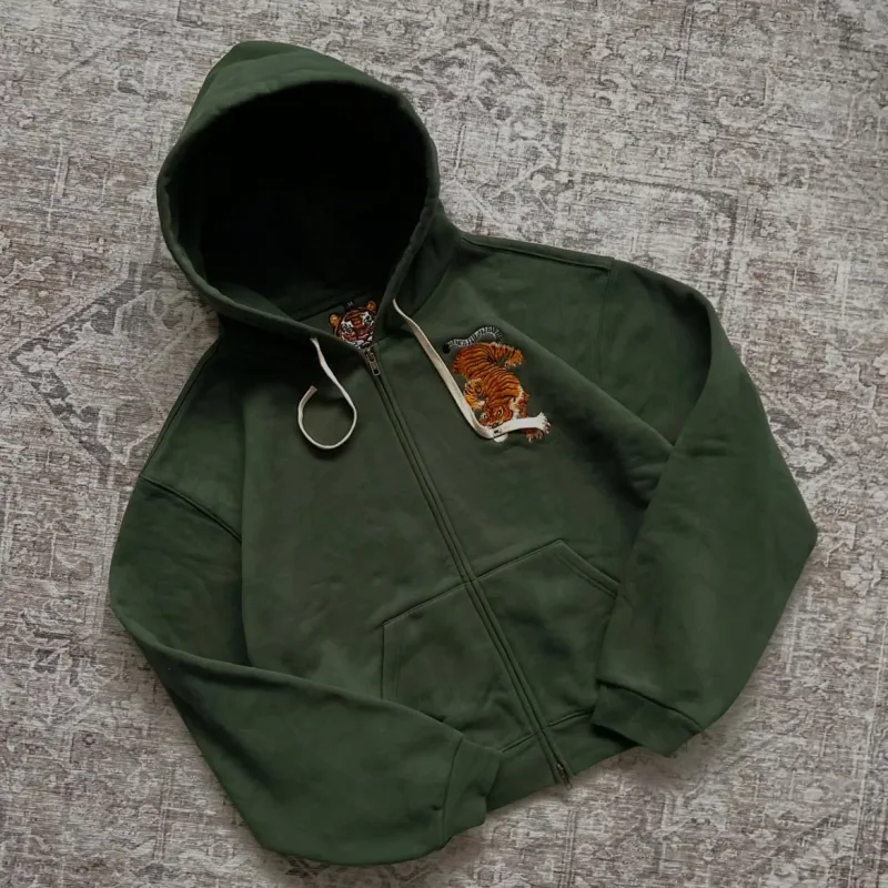 Y2K Grey Wolf Embroidered Hoodie Fashion Hip Hop Unisex Double Zipper Sweatshirts Oversized Vintage Harajuku Dark Street Jacket
