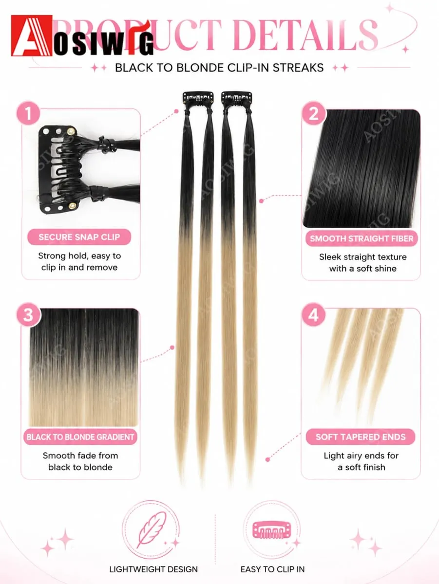 BB Clip Hair Extensions Colorful Highlight Strands Clip In Synthetic Straight Hairpieces for Women Party Festival Daily Hair Sty