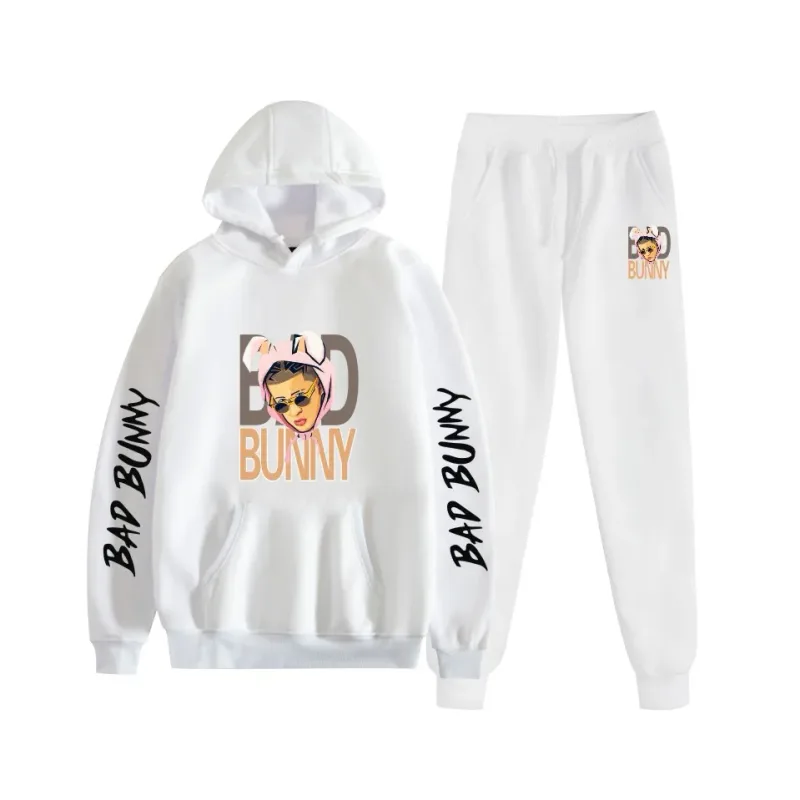 Harajuku Comfortable bad bunny Print Sweatshirt Sweatpants Suit Women's Hoodies+ Trousers Suit Boys/Girls 2 Piece Set Clothes