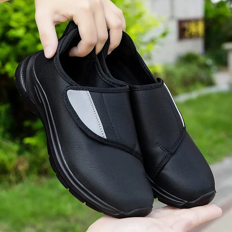 Men's Orthopedic Diabetic Leather Sneakers Adjustable Hook & Loop Wide Fit Open Shoes for Swollen Feet Comfortable Walking Shoes