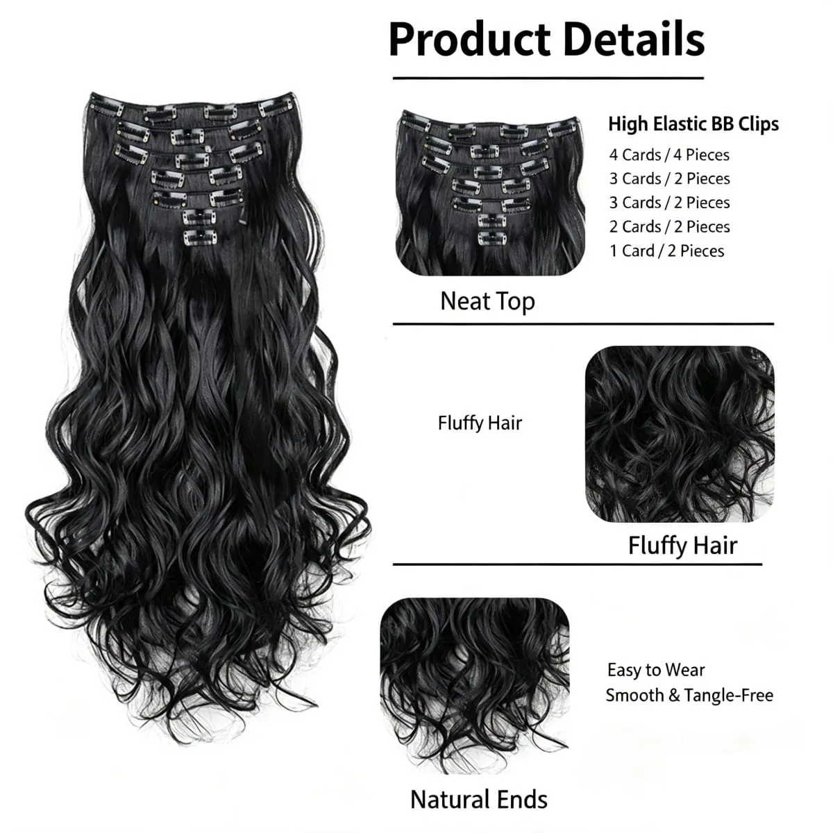 Clip In Hair Extensions 7 PCS Full Head 18Inch Long Curly Wavy Synthetic Hair Pieces Natural Wavy For Women GirlsHair cosplaywig