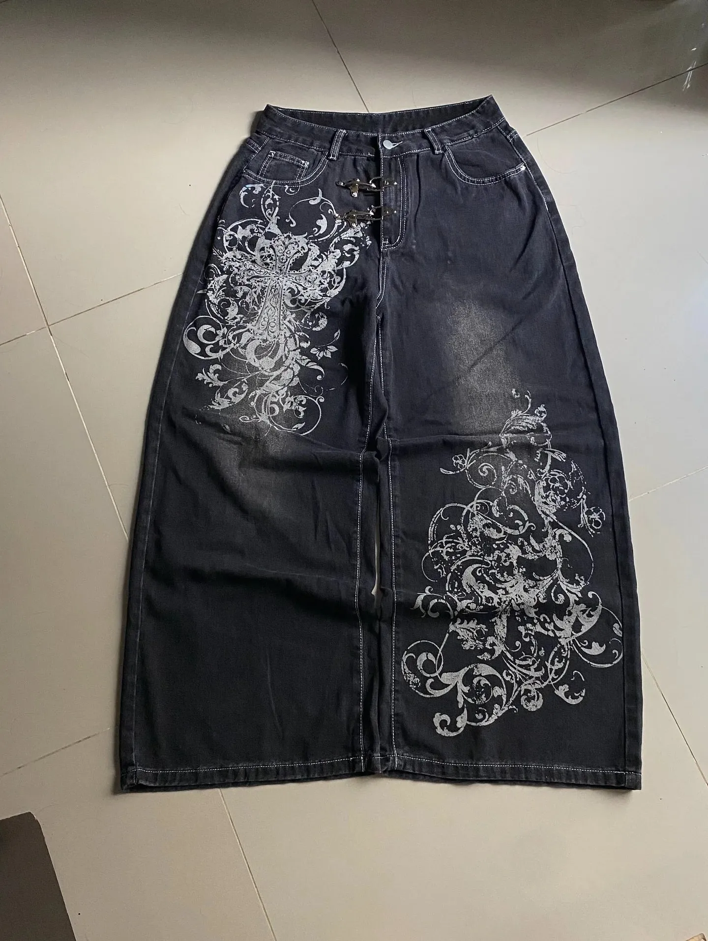 Y2K Vintage Gothic High Street Denim Black Wash Gradient Spine Spider Lily Print Wide Leg Jeans