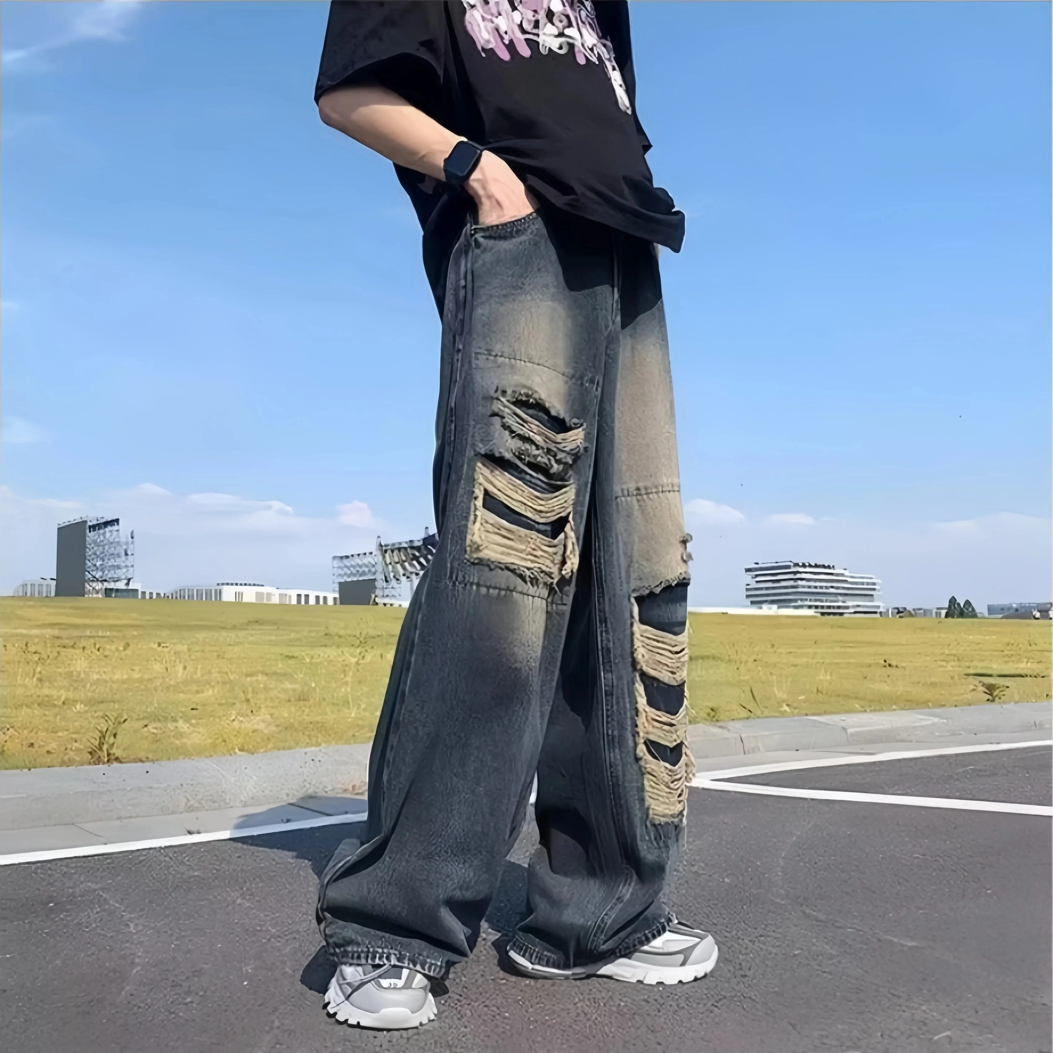 Men's Dark Vintage Wash Baggy Wide Leg Jeans Multi-layer Frayed Ripped Detail Hip Hop Street Style Casual Daily Street Outing Loose Denim Trousers