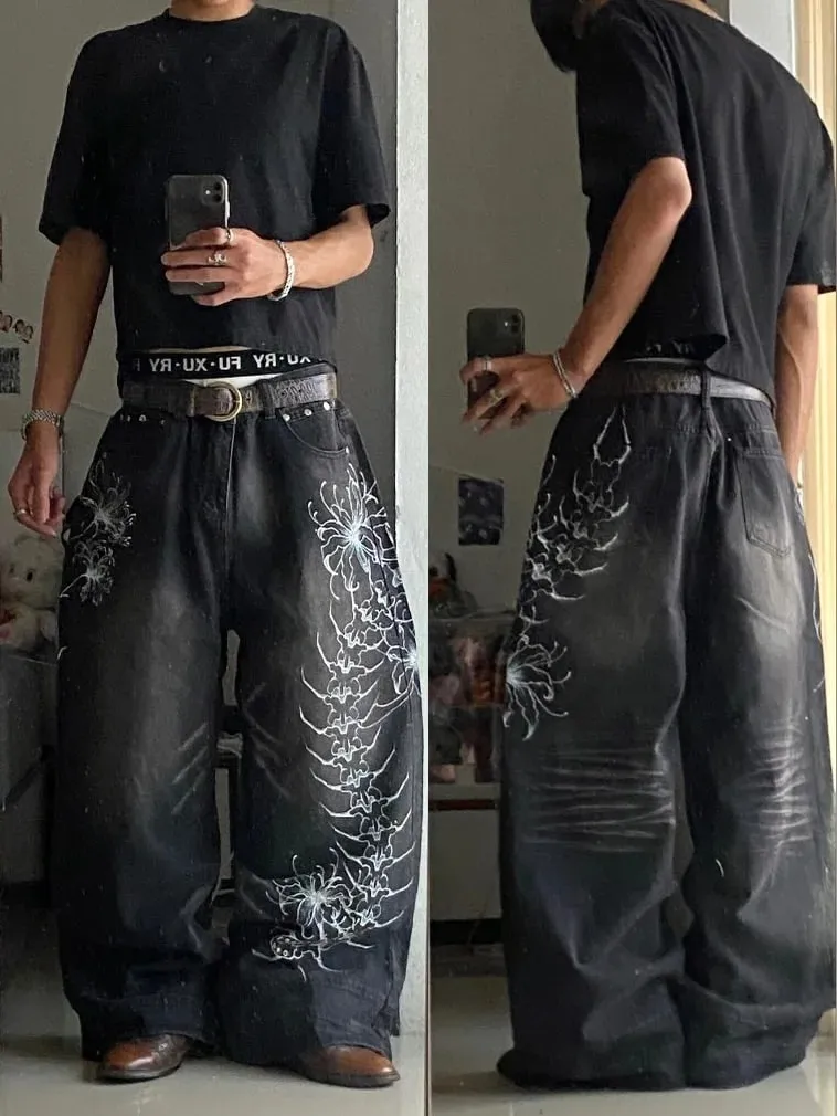 Y2K Vintage Gothic High Street Denim Black Wash Gradient Spine Spider Lily Print Wide Leg Jeans