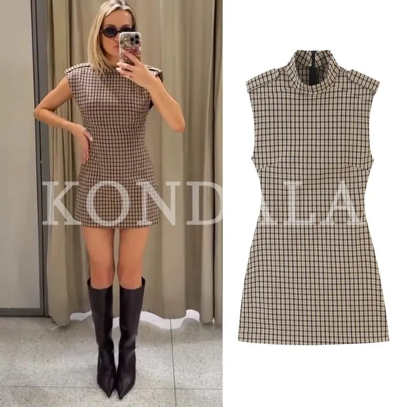 Women Elegant Plaid Jumpsuit Dresses Vintage Chic Slim Sleeveless Mini Dress New 2026 Autumn Trendy Casual Classic Dress