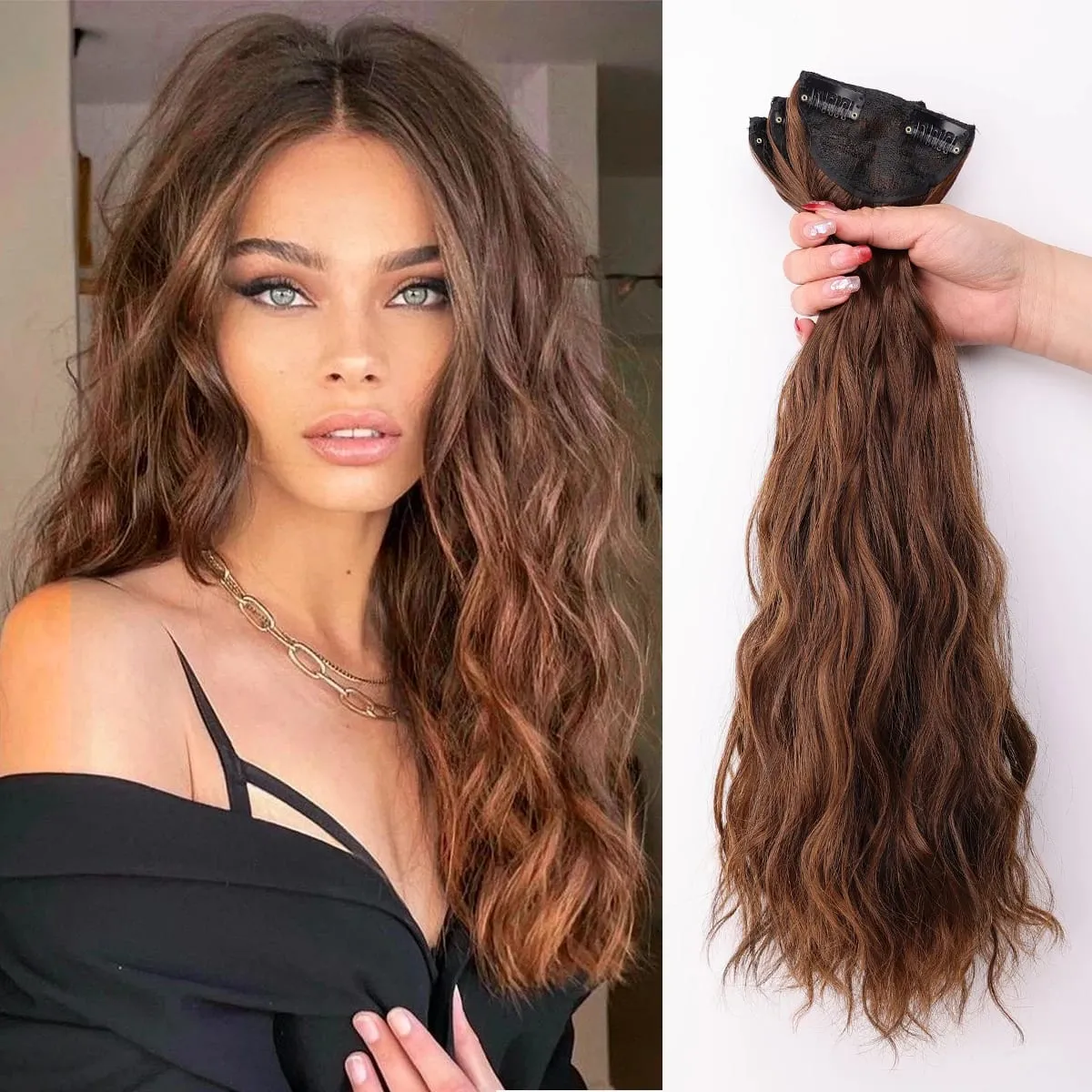 Clip in Hair Extensions for Women 3PCS Long Wavy Curly Clip on Hair Extensions 18 Inch Synthetic Thick Hairpieces