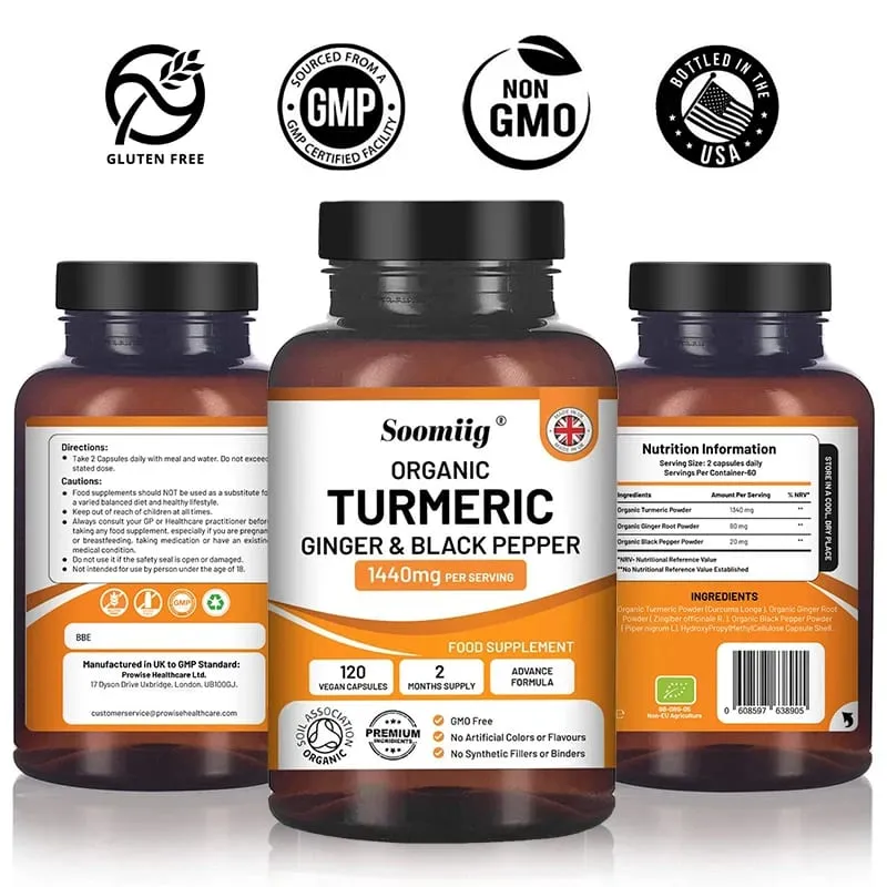 Organic Turmeric Ginger & Black Pepper Capsules Supports Joint Health Cushioning Digestive & Immune & Balances blood sugar