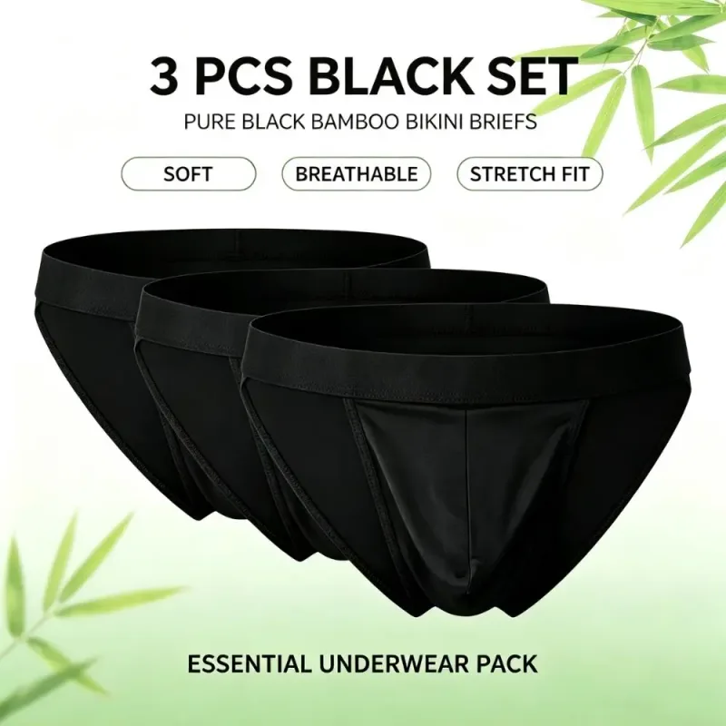 Soft Bamboo Fiber Men High‑Cut Bikini Briefs Integrated Pouch Moisture Wicking Athletic Underwear for Gym Training 1 3Pcs Set
