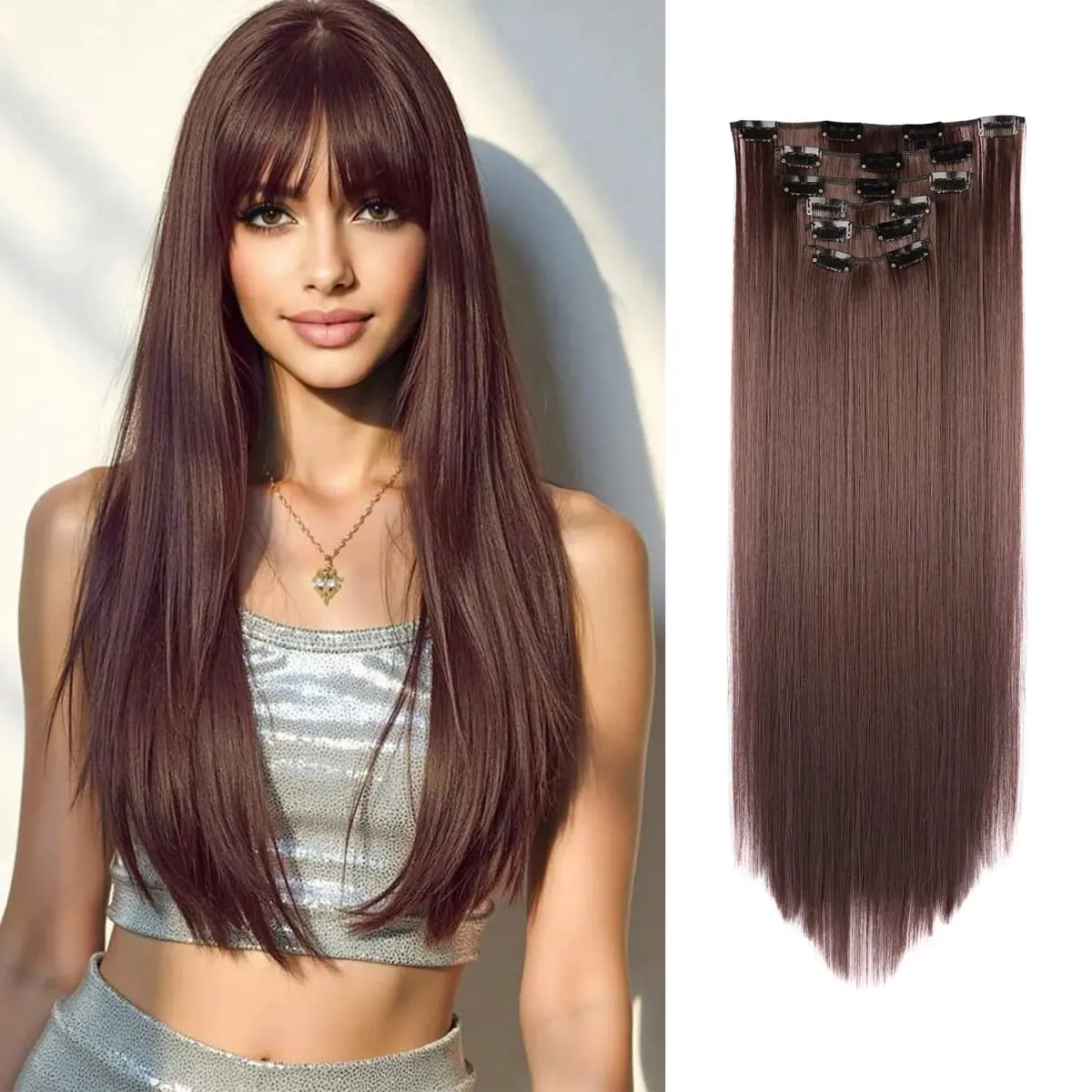 Synthetic Clip in Hair Extensions Clip in 6pcs set Straight Hair 22inch Thick Hairpieces for Women Girls Daily Party — image 12