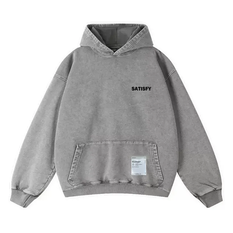Elf-Adhesive SATISFY Flocking Print Hoodie Sweatshirt Jacket Street Style Loose Fit Long Sleeve for Young Men And Women