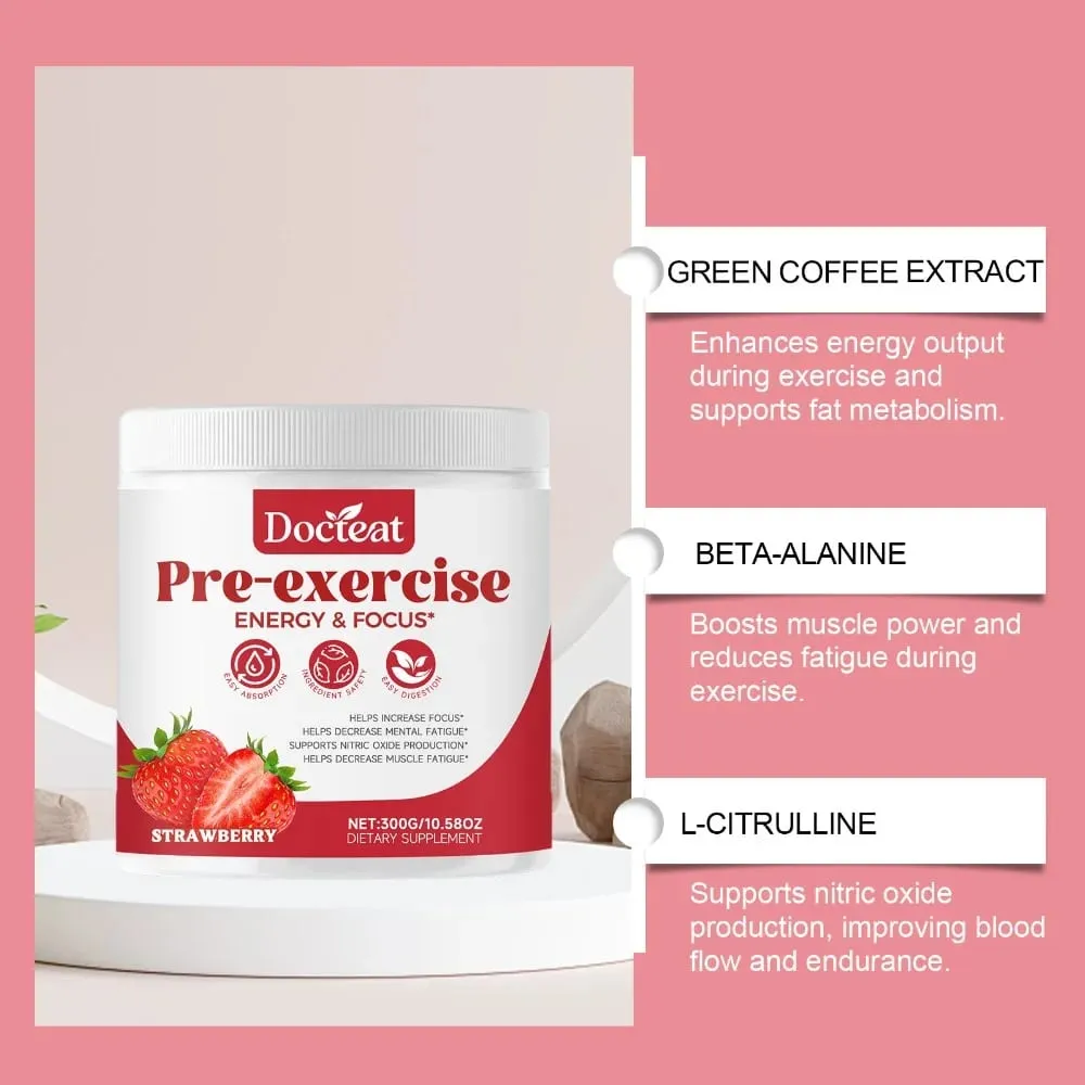 Docteat Pre Workout Powder Strawberry Energy & Focus Support Beta-Alanine L-Citrulline Rhodiola 300g 30 เสิร์ฟเครื่องดื่มผสม