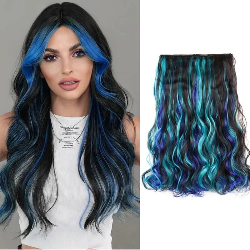 Synthetic 5Clip in Hair Curly Extension 18 Inch Curly Black Mix Blue Highlights Thick Hairpieces Fiber Hair for Women