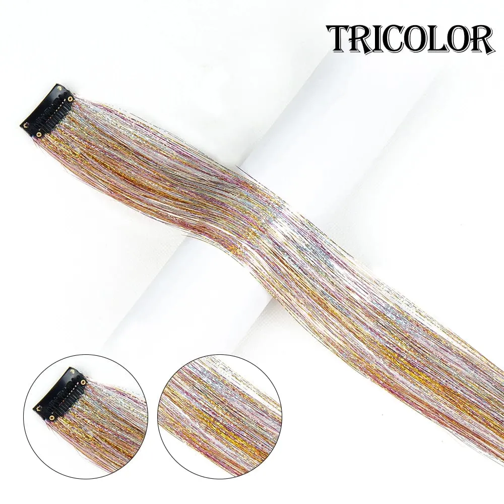Straight Rainbow Colored Party Highlights Clip On In Hair Extensions Bling Hair Piece Synthetic Hairpieces Sparkling Tinsel Red — image 18