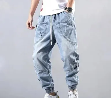 Street Elastic Jeans Men Denim Cargo Pants Wash Solid Color Multi Pockets Casual Mid Waist Trousers Daily Wear Joggers