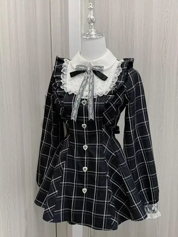 Japonská víla Sladká krajka Patchwork kostkované šaty Dámské Kawaii Grunge Šaty s volánky s dlouhým rukávem Y2k Estetické JK Lolita Vestidos