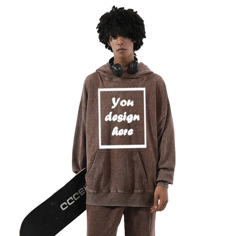 Men's personalized custom-printed washed vintage hooded warm sports wear thick 350 grams comfortable and warm.